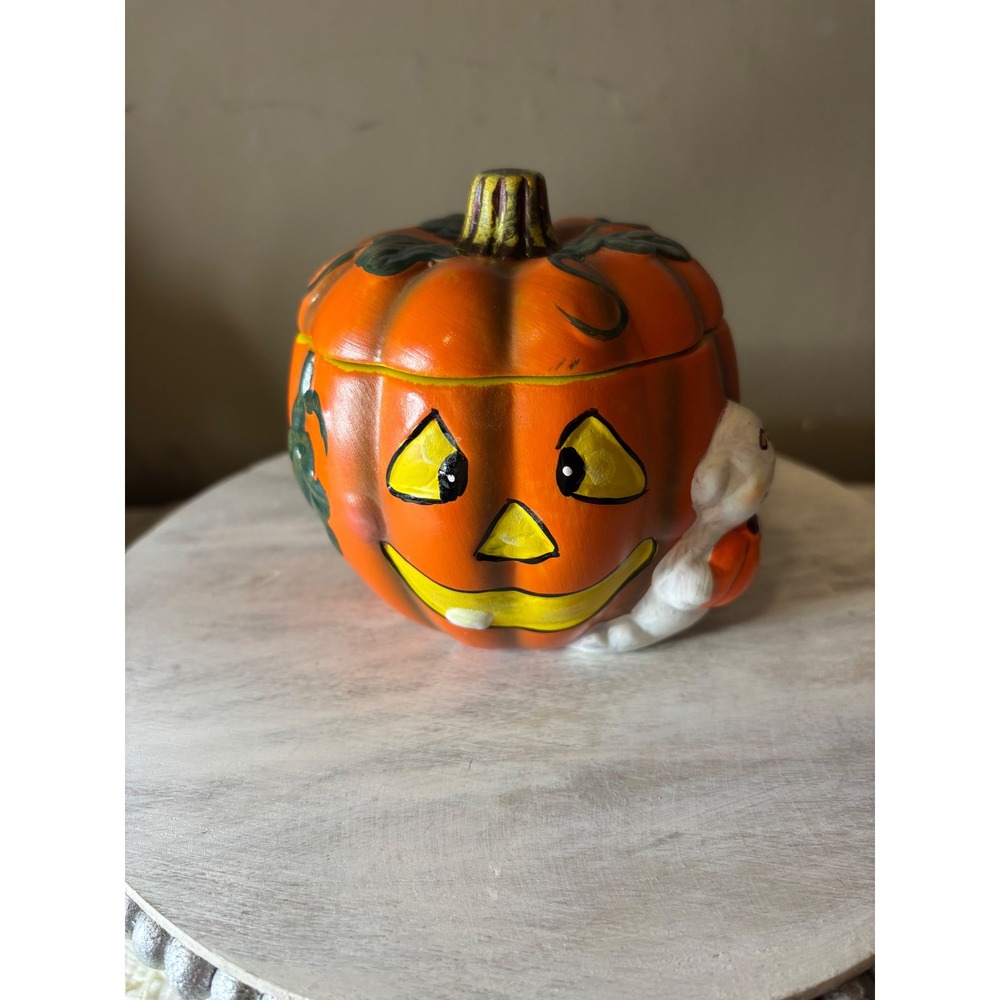K's Collection Halloween Pumpkin Jack-O-Lantern Jar with Ghost Ceramic Decor
